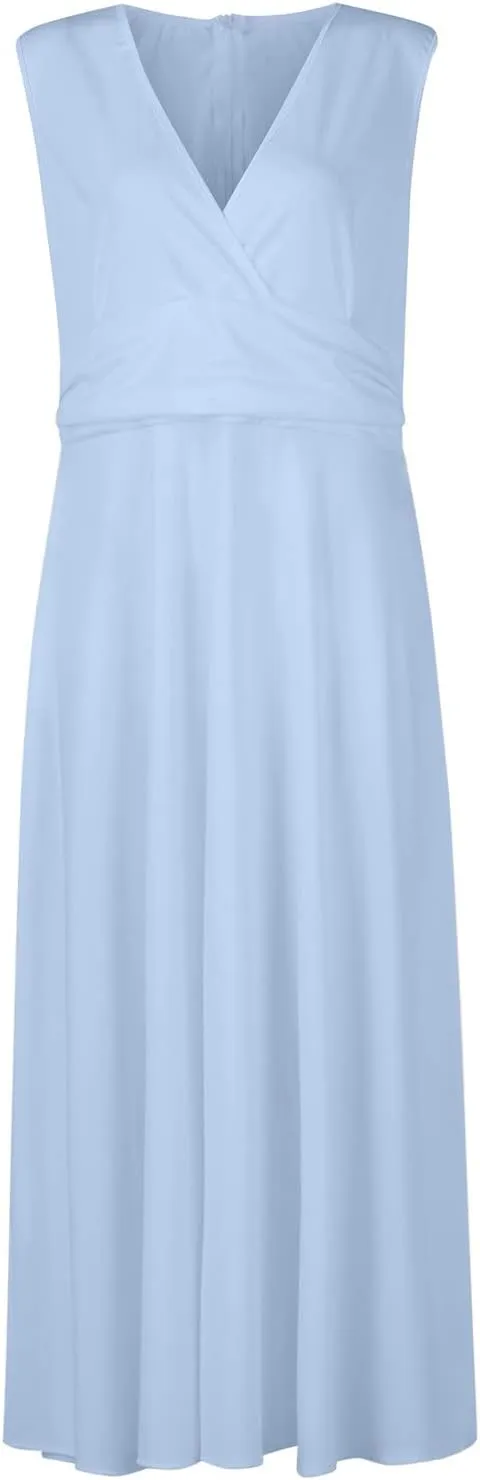 Dresses for Women 2024 Flowy Ruched Wrap V Neck Boho Dress Floral Print Sleeveless Maxi Dress Flowy Beach Dresses