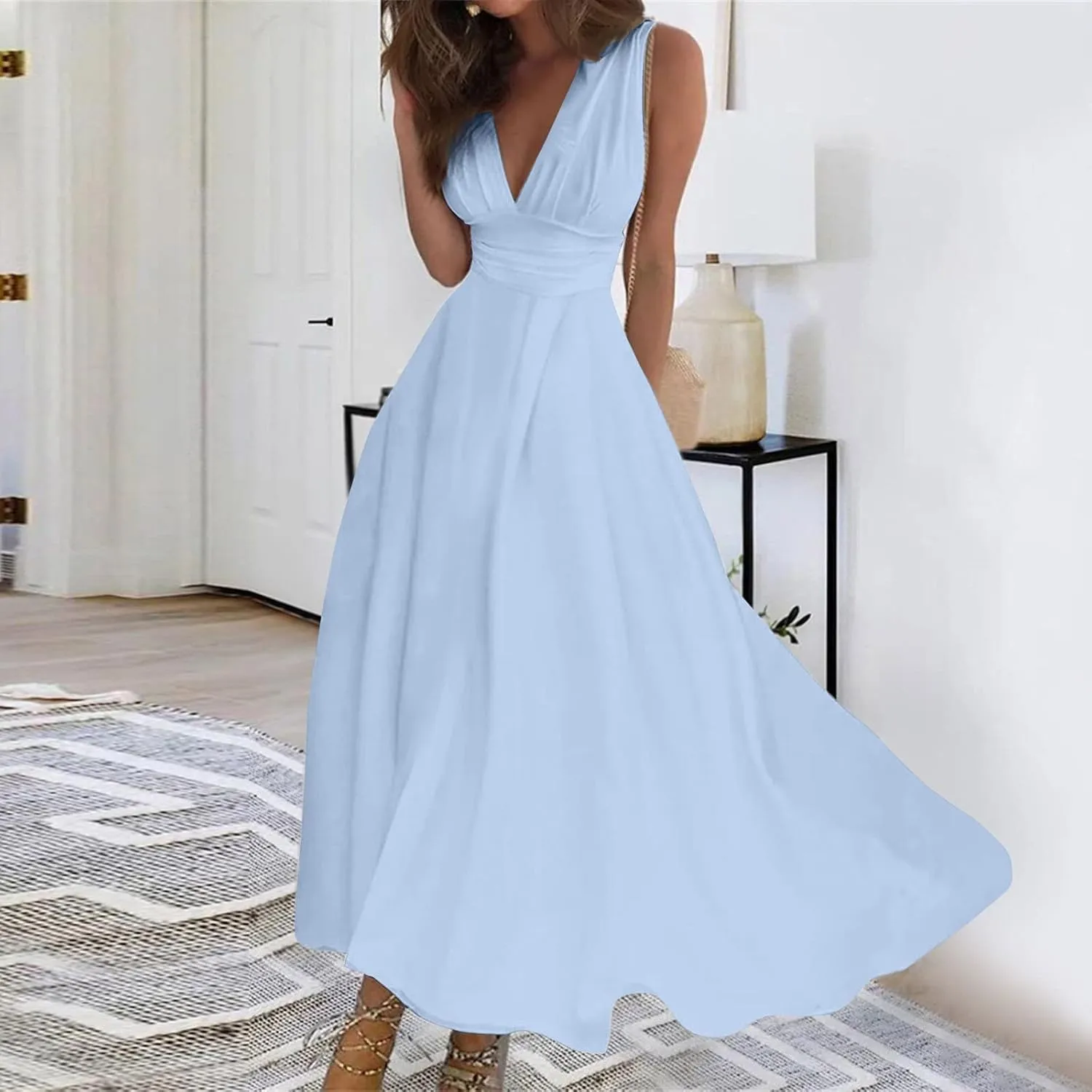 Dresses for Women 2024 Flowy Ruched Wrap V Neck Boho Dress Floral Print Sleeveless Maxi Dress Flowy Beach Dresses