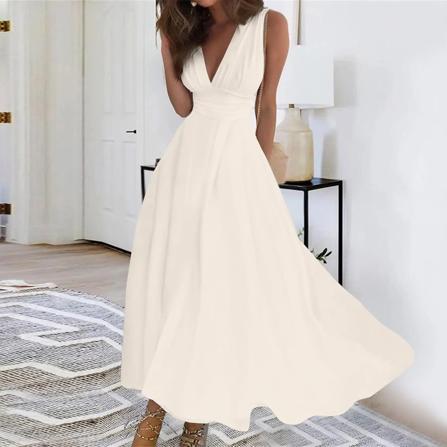 Dresses for Women 2024 Flowy Ruched Wrap V Neck Boho Dress Floral Print Sleeveless Maxi Dress Flowy Beach Dresses