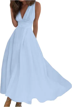 Dresses for Women 2024 Flowy Ruched Wrap V Neck Boho Dress Floral Print Sleeveless Maxi Dress Flowy Beach Dresses