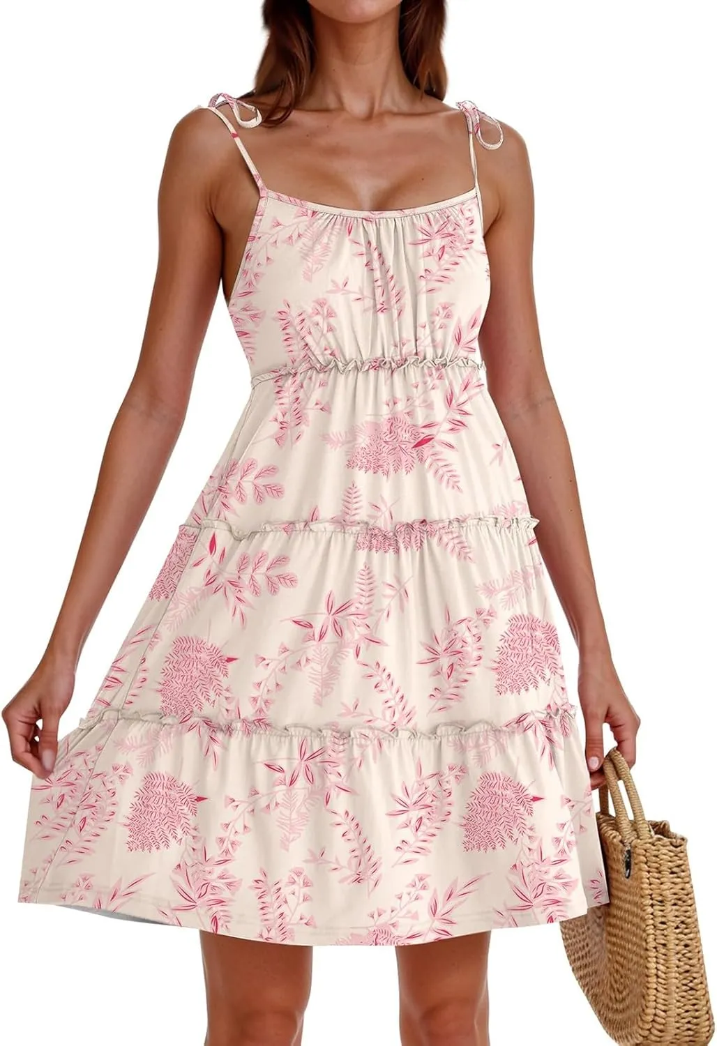 Floral Mini Dresses for Women Tiered Ruffle Spaghetti Strap Short Skater Dress 2025 Summer Flowy Boho Beach Sundress