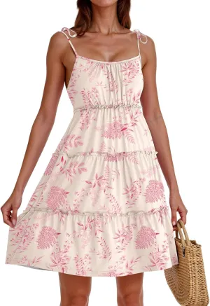 Floral Mini Dresses for Women Tiered Ruffle Spaghetti Strap Short Skater Dress 2025 Summer Flowy Boho Beach Sundress