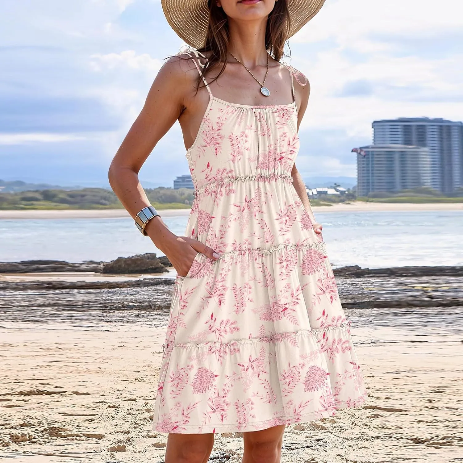 Floral Mini Dresses for Women Tiered Ruffle Spaghetti Strap Short Skater Dress 2025 Summer Flowy Boho Beach Sundress