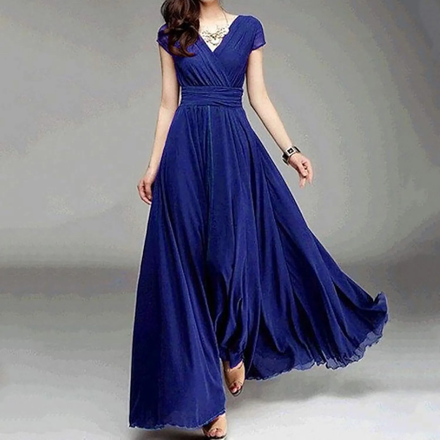 Flowy Maxi Dress Womens Spring Dresses Plus Size Short Sleeve V Neck Long Casual Plain Fashion Wedding Guest Dress S-5X