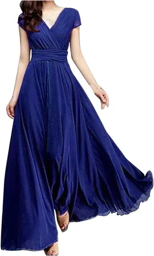 Flowy Maxi Dress Womens Spring Dresses Plus Size Short Sleeve V Neck Long Casual Plain Fashion Wedding Guest Dress S-5X