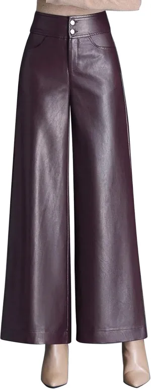 HaoMay Women's High Waist Wide Leg PU Faux Leather Cropped Pants Culottes
