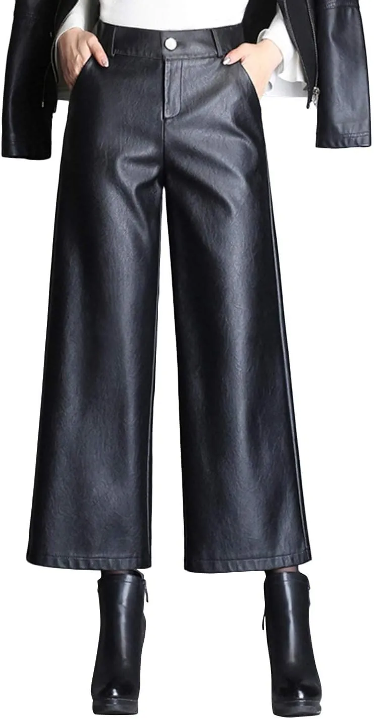 HaoMay Women's High Waist Wide Leg PU Faux Leather Cropped Pants Culottes