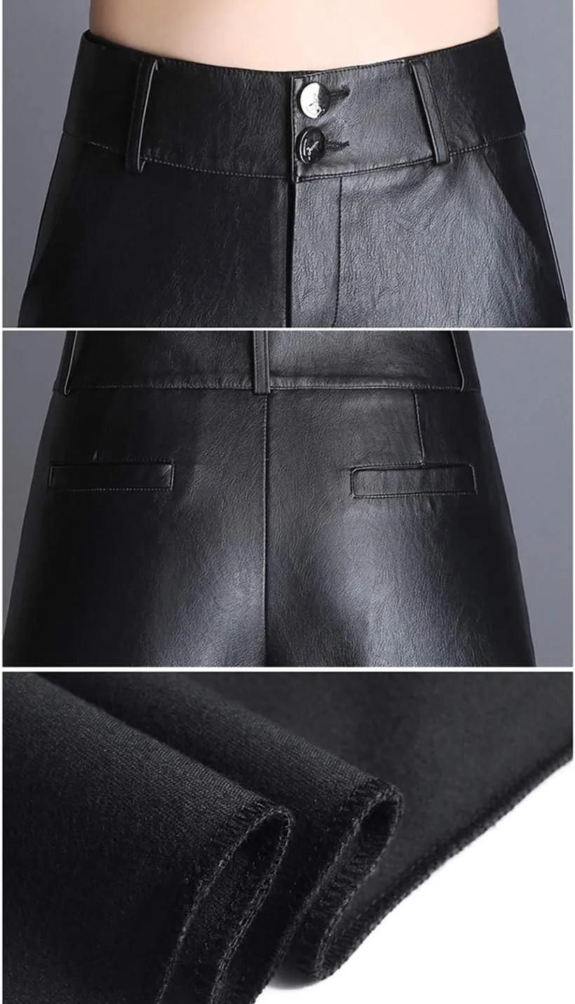 HaoMay Women's High Waist Wide Leg PU Faux Leather Cropped Pants Culottes