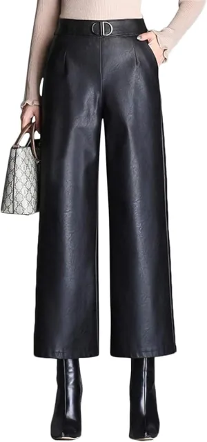 HaoMay Women's High Waist Wide Leg PU Faux Leather Cropped Pants Culottes