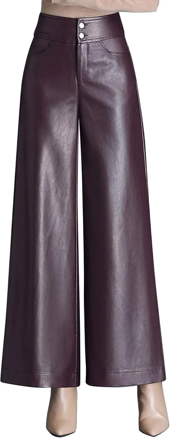 HaoMay Women's High Waist Wide Leg PU Faux Leather Cropped Pants Culottes
