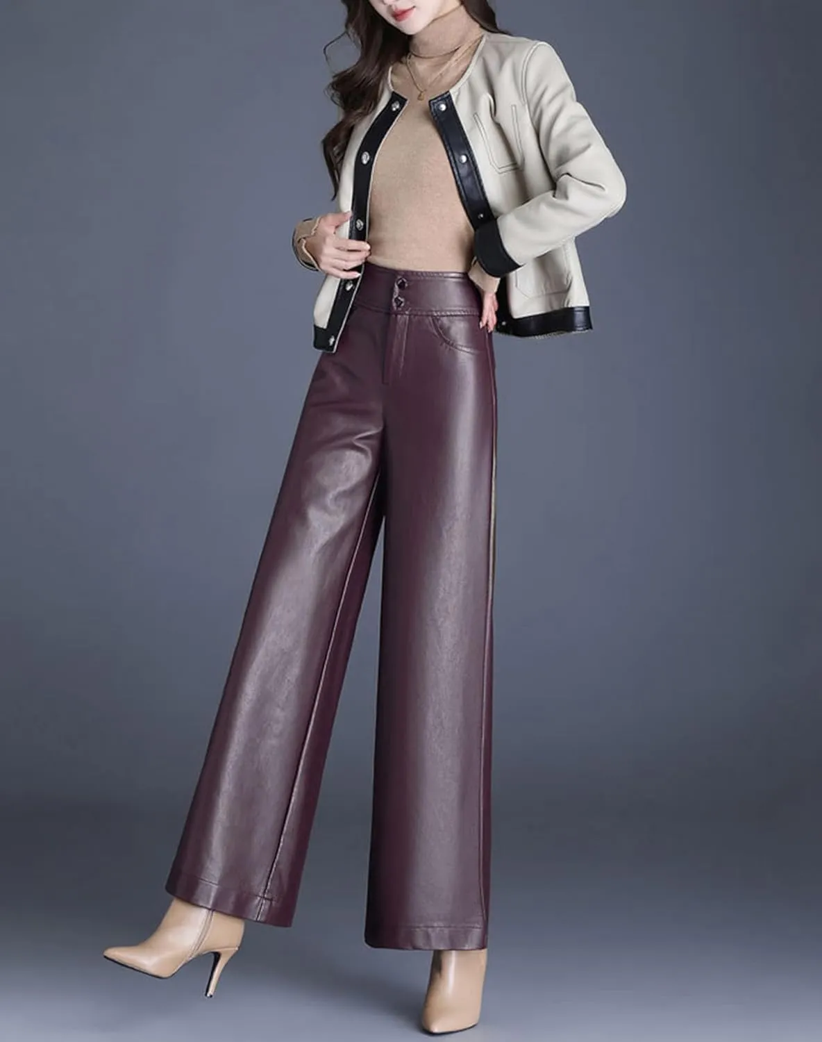 HaoMay Women's High Waist Wide Leg PU Faux Leather Cropped Pants Culottes
