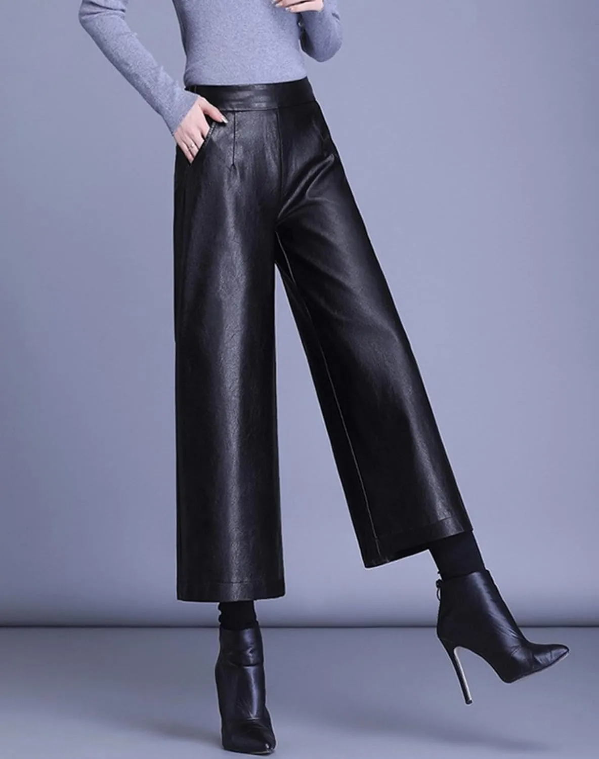 HaoMay Women's High Waist Wide Leg PU Faux Leather Cropped Pants Culottes