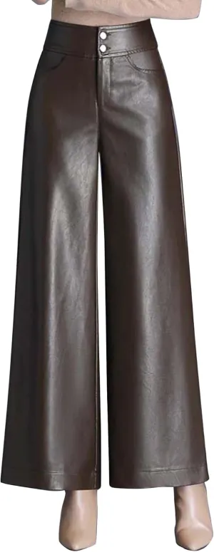 HaoMay Women's High Waist Wide Leg PU Faux Leather Cropped Pants Culottes
