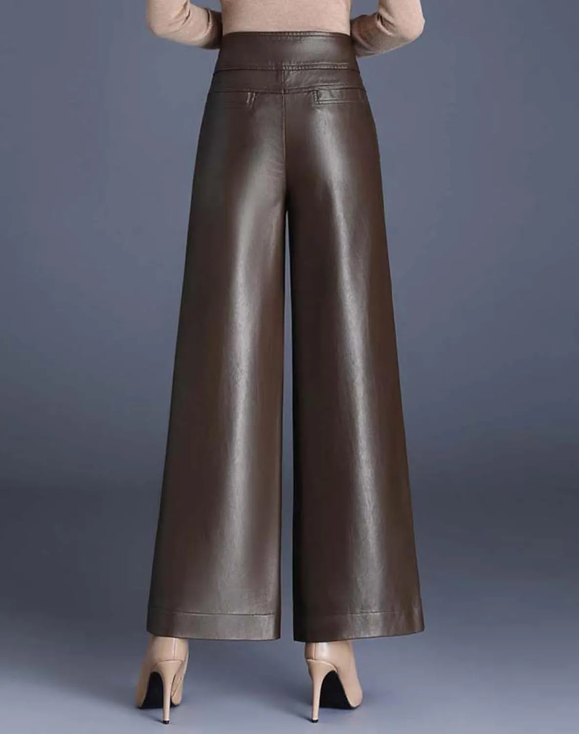 HaoMay Women's High Waist Wide Leg PU Faux Leather Cropped Pants Culottes