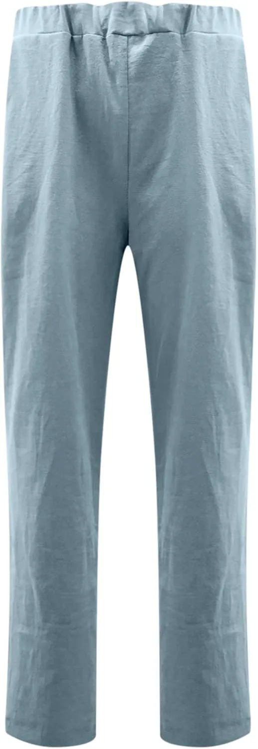 High Waisted Pants with Pockets for Women, Casual Elastic Waist Straight Wide Leg Pants Solid Comfy Trousers