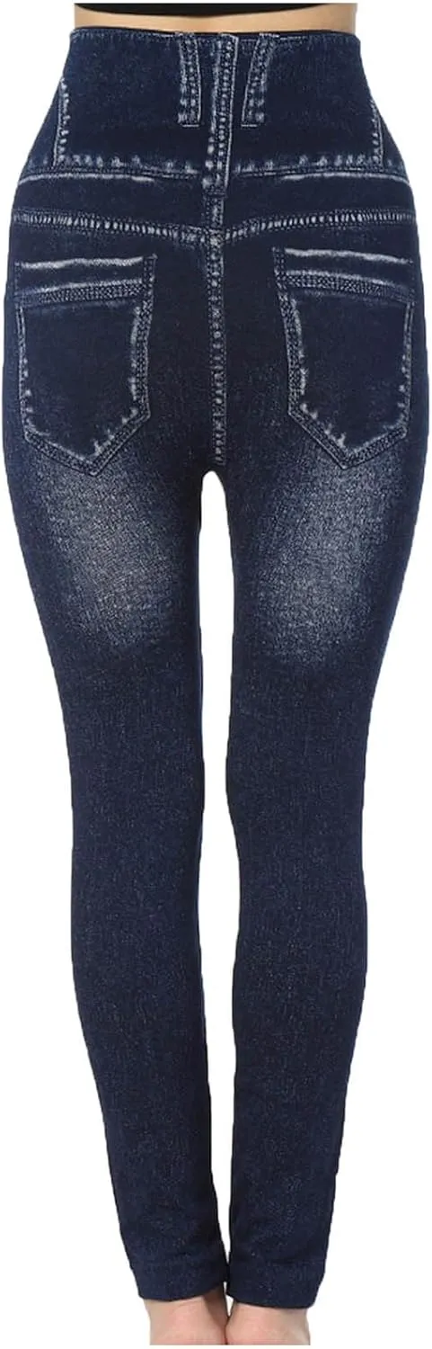 hlysgo Skinny Faux Jeans for Women High Waist Stretchy Slimming Jeggings Denim Print Leggings Trousers Pants