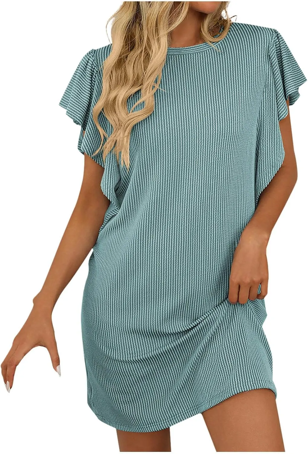 hlysgo Women Summer Casual Dress Ruffle Sleeve Crewneck Mini Tshirt Dresses 2025 Vacation Beach Boho Short Sundress