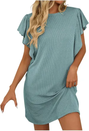 hlysgo Women Summer Casual Dress Ruffle Sleeve Crewneck Mini Tshirt Dresses 2025 Vacation Beach Boho Short Sundress