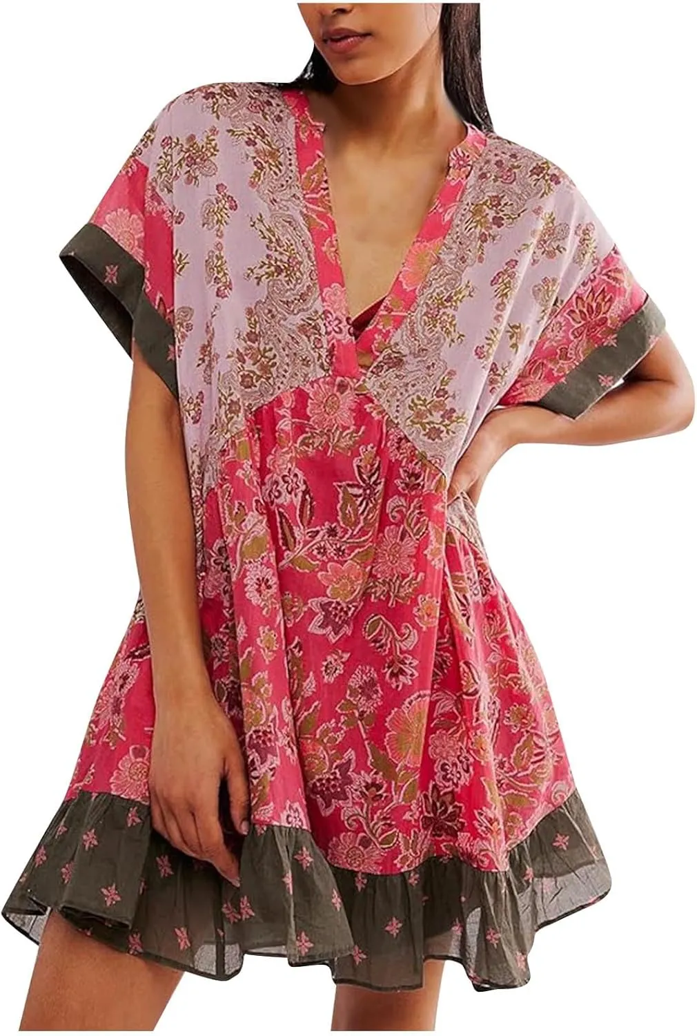 Hot Short Mini Dress Babydoll Dresses for Women Boho Y2K Summer Dress Flowy Deep V Neck Floral Sundresses
