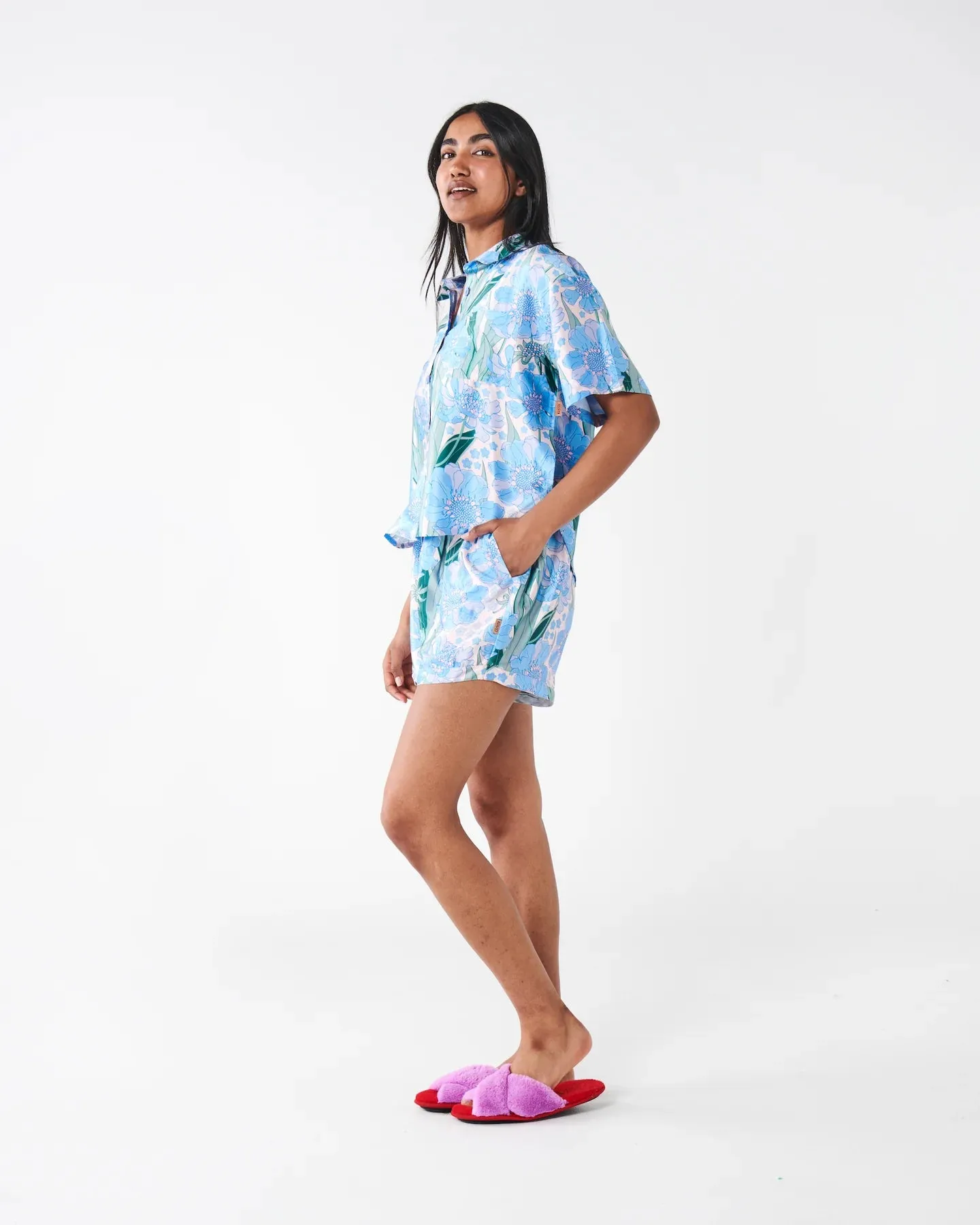 Kip & Co Tumbling Flowers Satin Short Sleeve Shirt & Short Pyjama Set