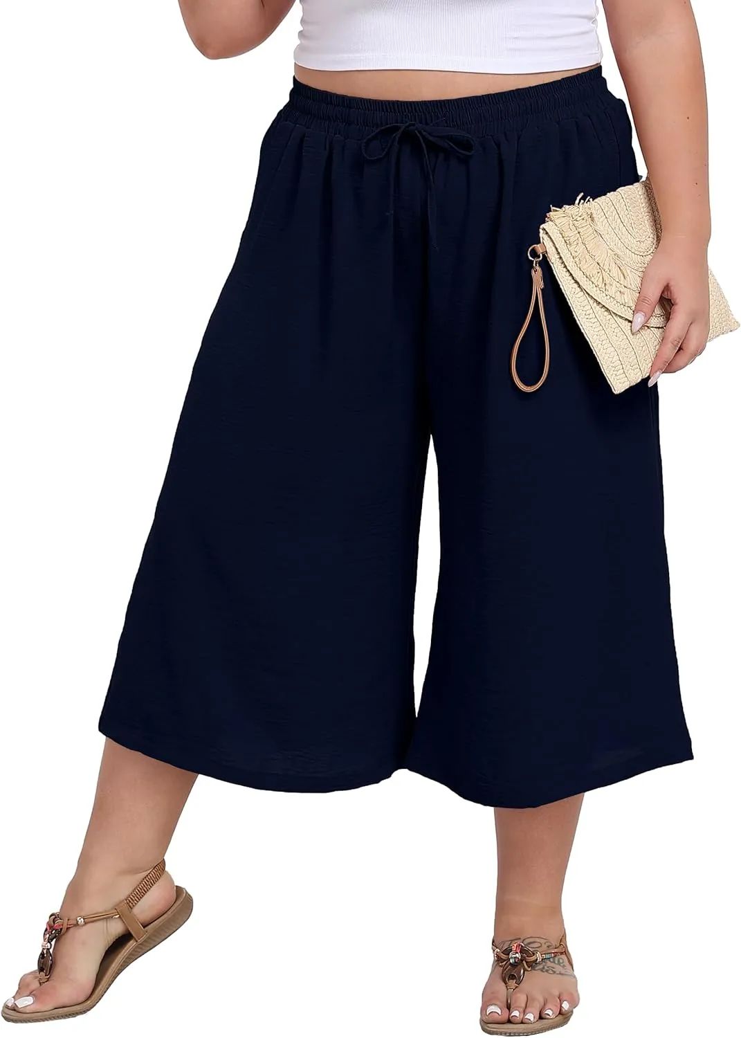 LIGHTBACK Women's Plus Size Wide Leg Capri Pants Loose Lounge Cropped Culottes Summer Casual Palazzo Pants with Pockets
