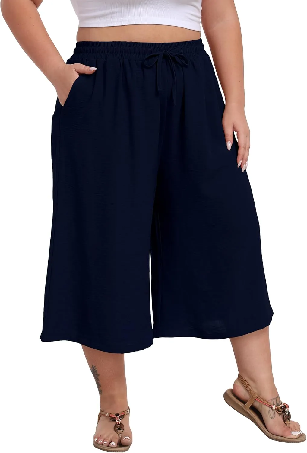LIGHTBACK Women's Plus Size Wide Leg Capri Pants Loose Lounge Cropped Culottes Summer Casual Palazzo Pants with Pockets