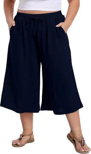 LIGHTBACK Women's Plus Size Wide Leg Capri Pants Loose Lounge Cropped Culottes Summer Casual Palazzo Pants with Pockets