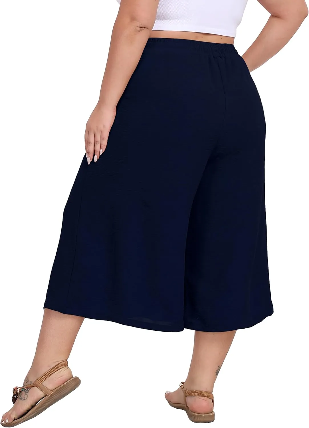 LIGHTBACK Women's Plus Size Wide Leg Capri Pants Loose Lounge Cropped Culottes Summer Casual Palazzo Pants with Pockets