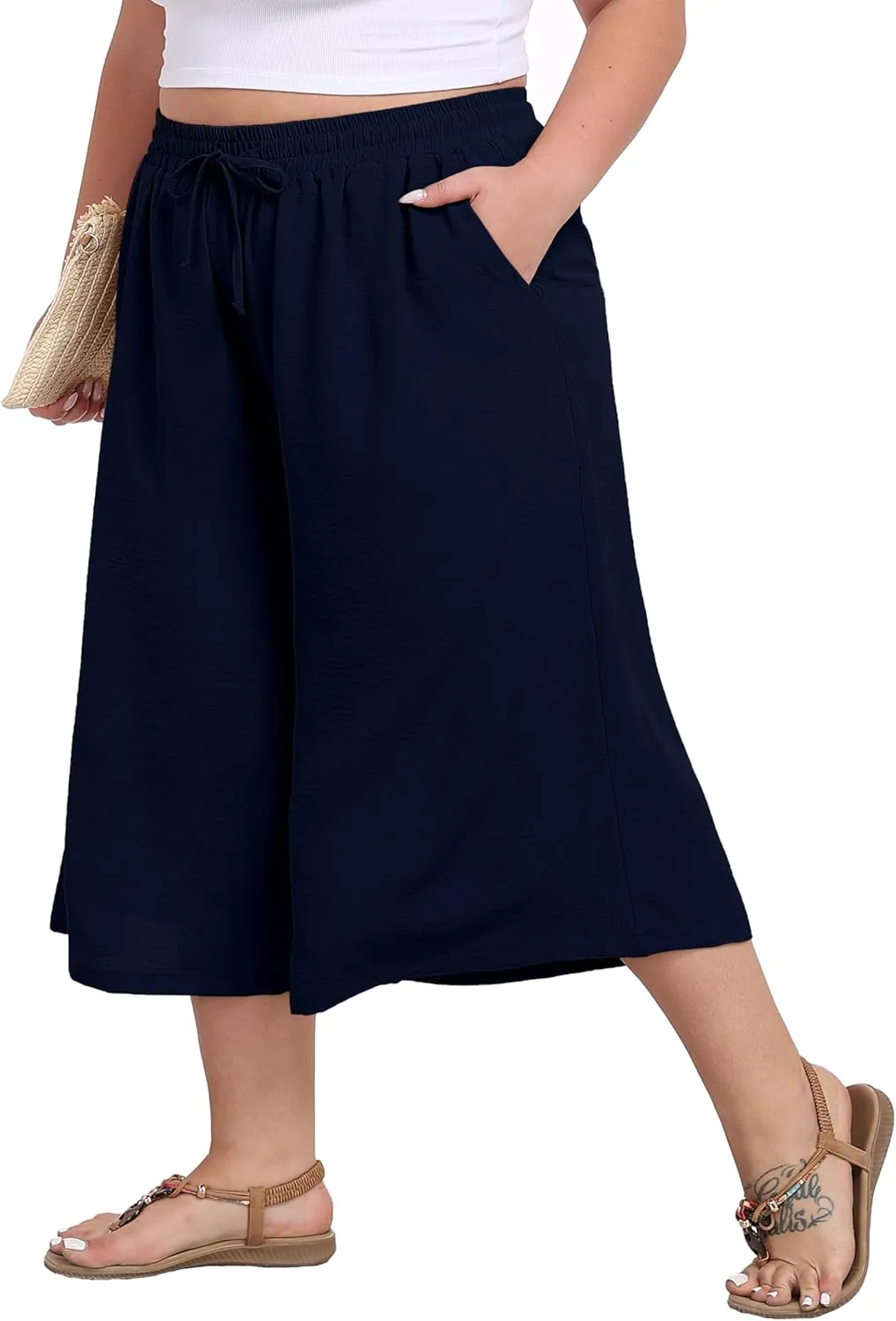 LIGHTBACK Women's Plus Size Wide Leg Capri Pants Loose Lounge Cropped Culottes Summer Casual Palazzo Pants with Pockets