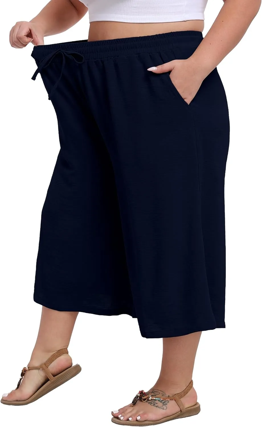 LIGHTBACK Women's Plus Size Wide Leg Capri Pants Loose Lounge Cropped Culottes Summer Casual Palazzo Pants with Pockets