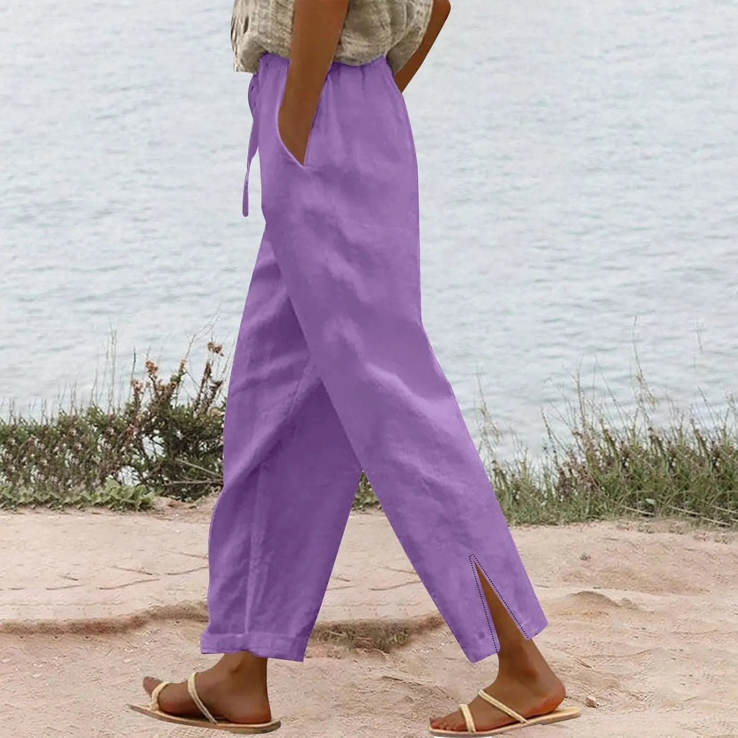 Linen Capri Pants for Women 2025 Cotton Linen Straight Leg Loose Casual Pants Petite Summer Beachwear Lightweight