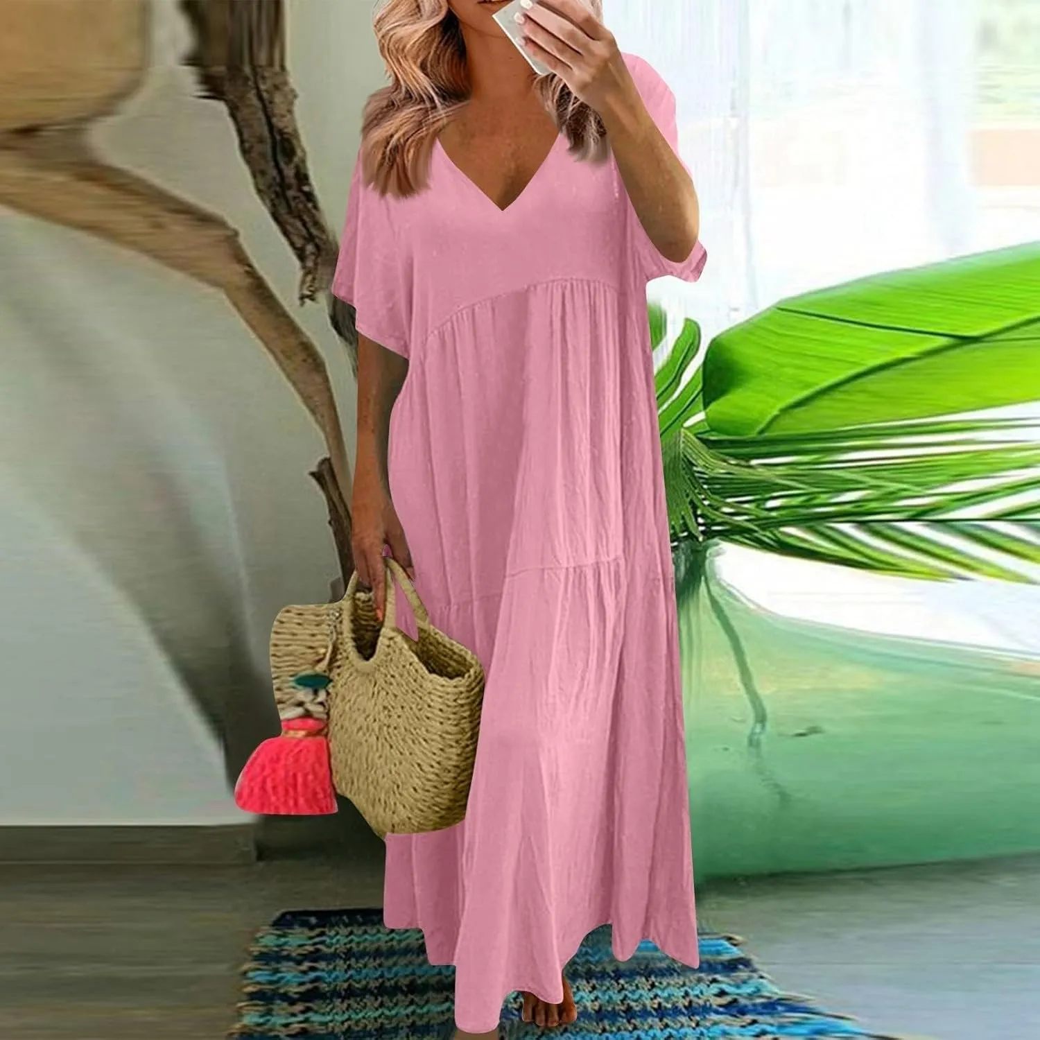 Linen Dress for Women Summer Short Sleeve V Neck Plus Size Maxi Casual Flowy Loose Long Vacation Beach Dresses