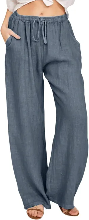 Linen Pants for Women Summer Casual Smocked High Waist Drawstring Palazzo Pants Loose Fit Wide Leg Trousers with Pockets