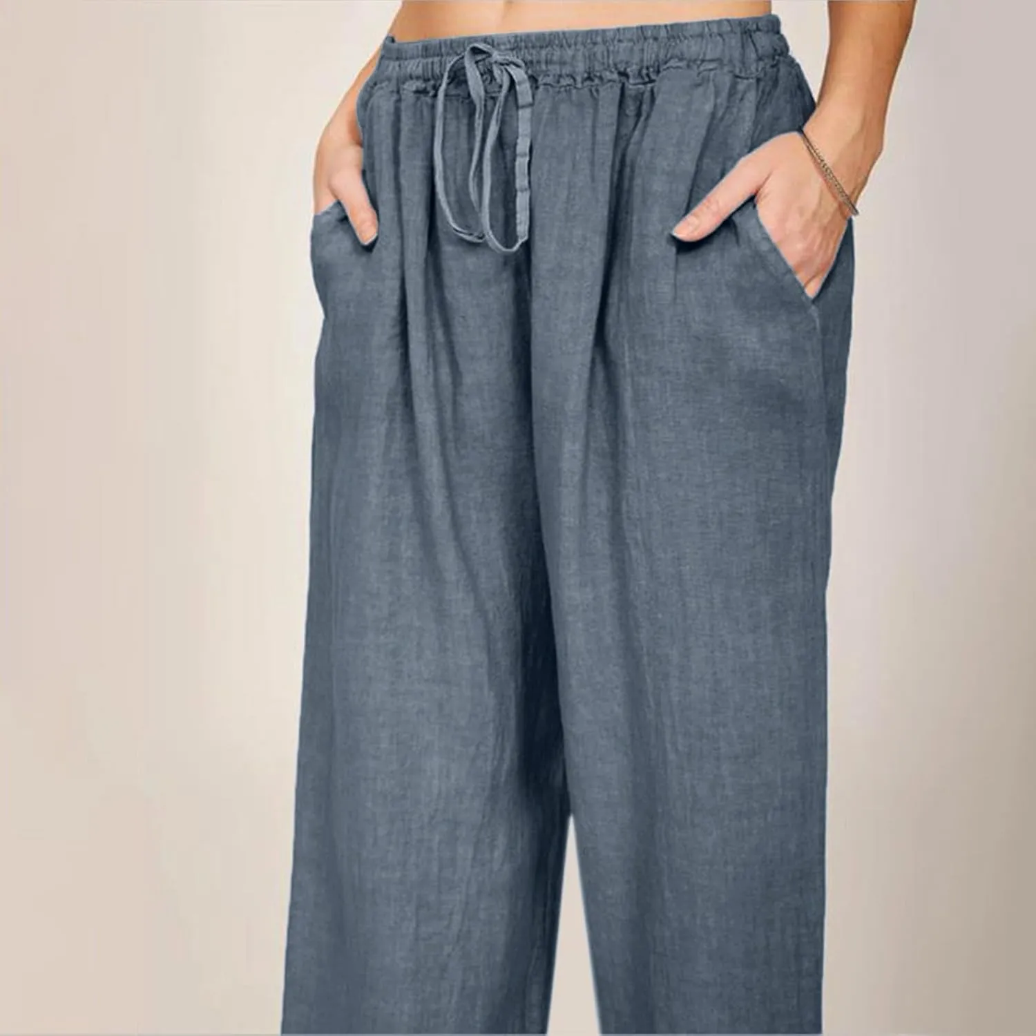 Linen Pants for Women Summer Casual Smocked High Waist Drawstring Palazzo Pants Loose Fit Wide Leg Trousers with Pockets