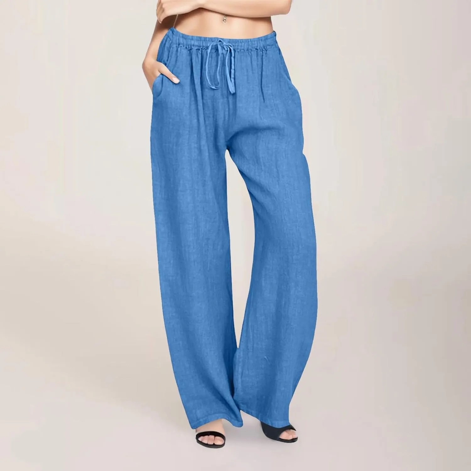 Linen Pants for Women Summer Casual Smocked High Waist Drawstring Palazzo Pants Loose Fit Wide Leg Trousers with Pockets
