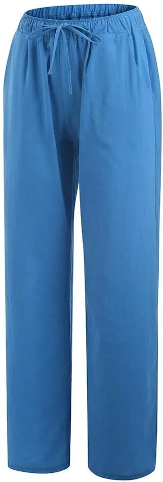 Linen Pants for Women Summer Casual Smocked High Waist Drawstring Palazzo Pants Loose Fit Wide Leg Trousers with Pockets