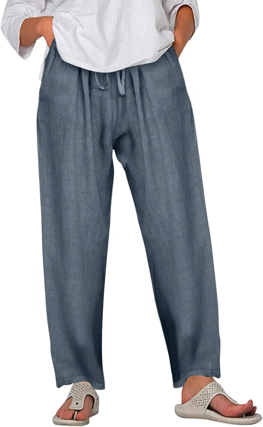 Linen Pants for Women Summer Casual Smocked High Waist Drawstring Palazzo Pants Loose Fit Wide Leg Trousers with Pockets