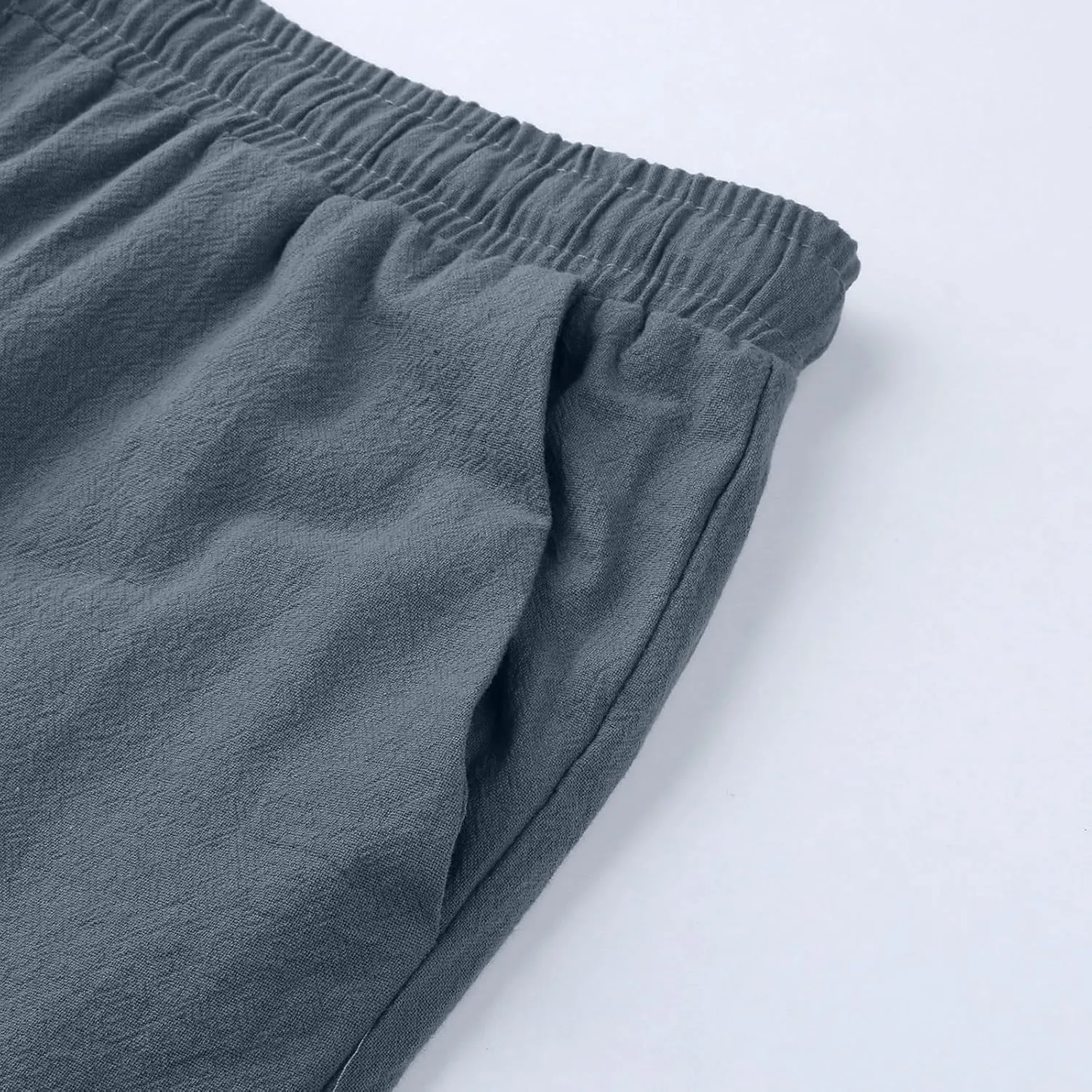 Linen Pants for Women Summer Casual Smocked High Waist Drawstring Palazzo Pants Loose Fit Wide Leg Trousers with Pockets