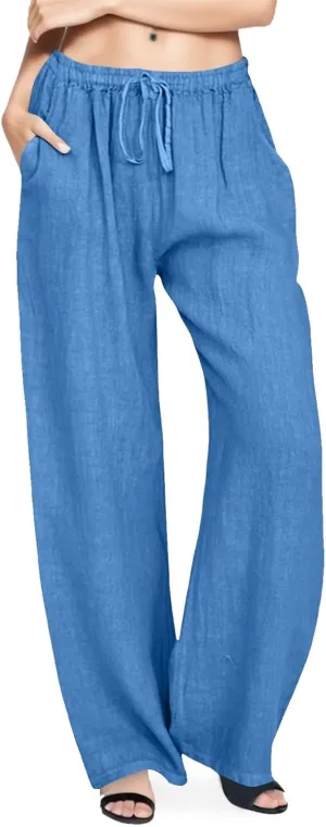 Linen Pants for Women Summer Casual Smocked High Waist Drawstring Palazzo Pants Loose Fit Wide Leg Trousers with Pockets