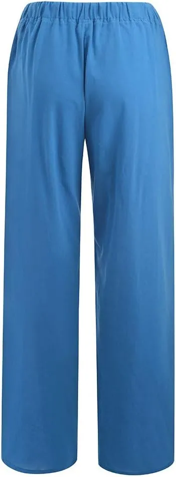 Linen Pants for Women Summer Casual Smocked High Waist Drawstring Palazzo Pants Loose Fit Wide Leg Trousers with Pockets