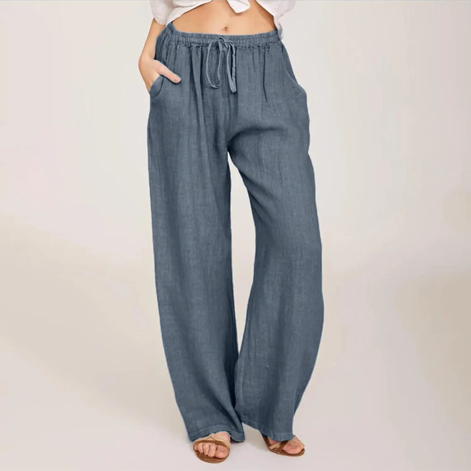 Linen Pants for Women Summer Casual Smocked High Waist Drawstring Palazzo Pants Loose Fit Wide Leg Trousers with Pockets