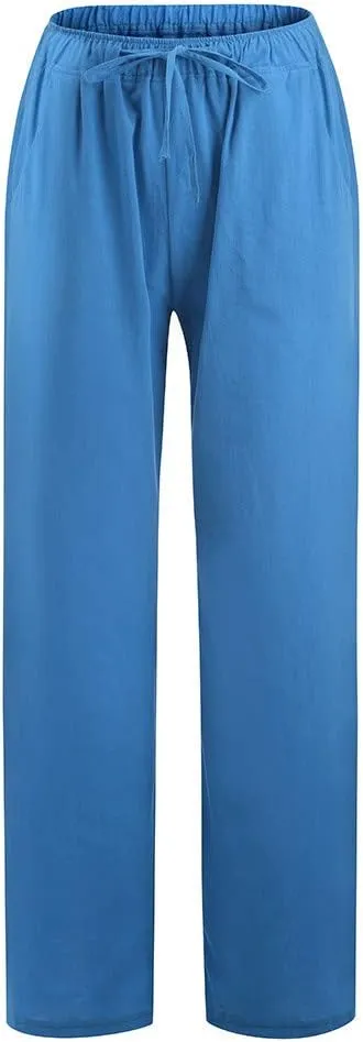 Linen Pants for Women Summer Casual Smocked High Waist Drawstring Palazzo Pants Loose Fit Wide Leg Trousers with Pockets