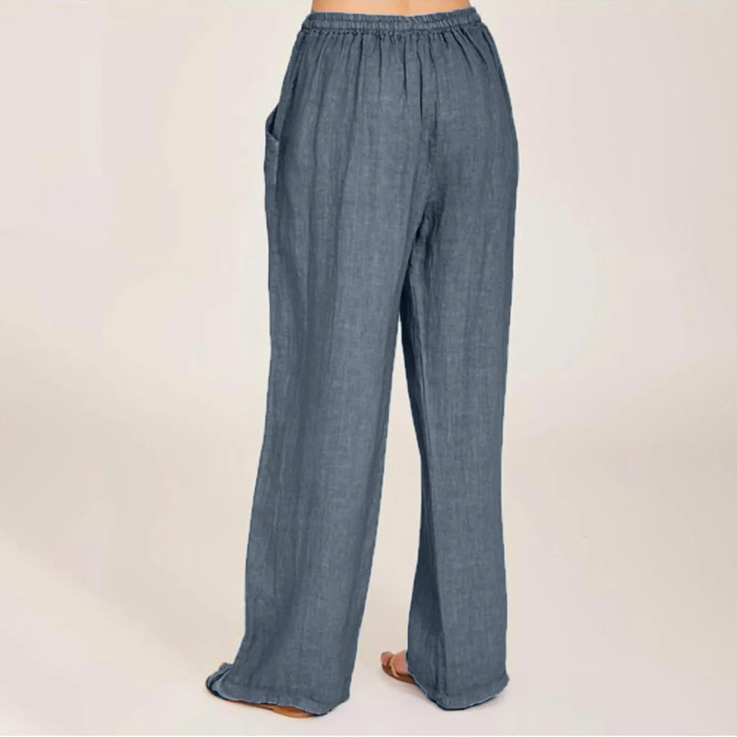 Linen Pants for Women Summer Casual Smocked High Waist Drawstring Palazzo Pants Loose Fit Wide Leg Trousers with Pockets