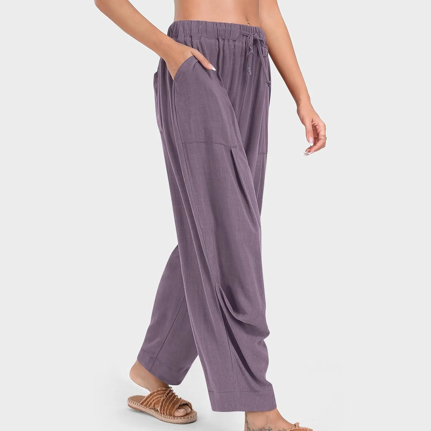Linen Pants Women 2025 Elastic Waist Casual Loose Fit Trousers Comfy Lightweight Wide Leg Palazzo Pant Summer Outfits