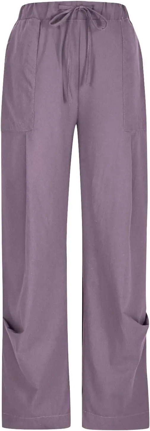 Linen Pants Women 2025 Elastic Waist Casual Loose Fit Trousers Comfy Lightweight Wide Leg Palazzo Pant Summer Outfits