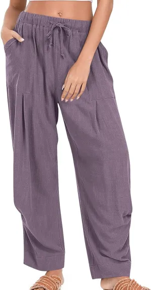 Linen Pants Women 2025 Elastic Waist Casual Loose Fit Trousers Comfy Lightweight Wide Leg Palazzo Pant Summer Outfits