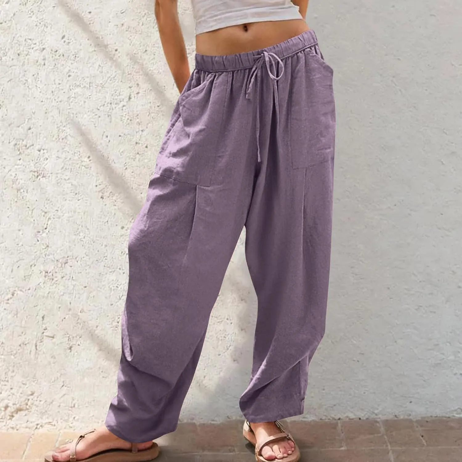 Linen Pants Women 2025 Elastic Waist Casual Loose Fit Trousers Comfy Lightweight Wide Leg Palazzo Pant Summer Outfits