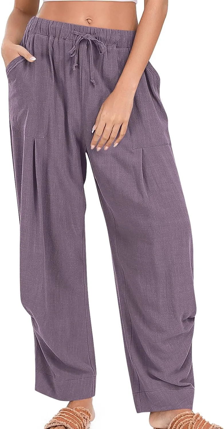 Linen Pants Women 2025 Elastic Waist Casual Loose Fit Trousers Comfy Lightweight Wide Leg Palazzo Pant Summer Outfits