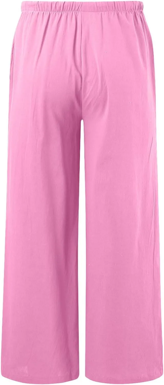 Linen Pants Women Summer,Wide Leg Casual Cotton Linen Pants High Waisted Drawstring Lounge Pants Beach Trousers