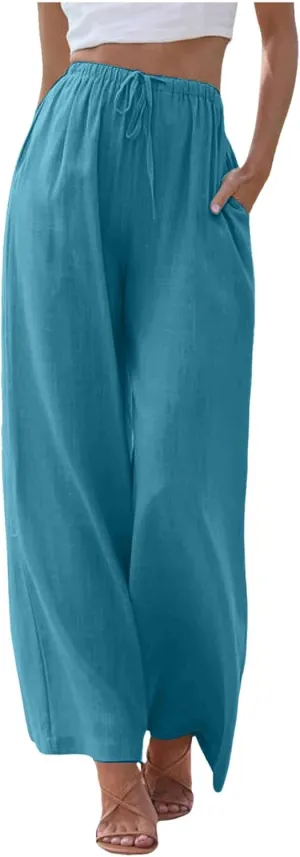 Linen Pants Women Summer,Wide Leg Casual Cotton Linen Pants High Waisted Drawstring Lounge Pants Beach Trousers